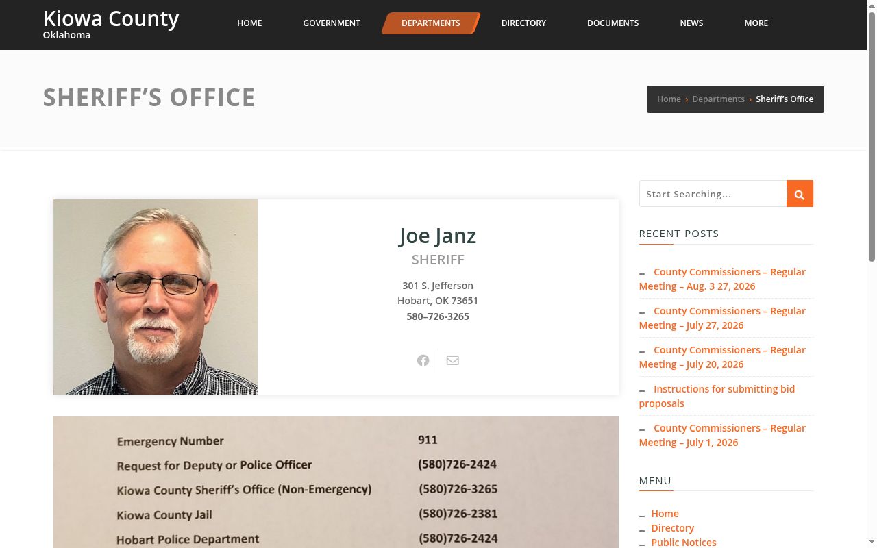 Kiowa County Oklahoma sheriff contact for released inmate records
