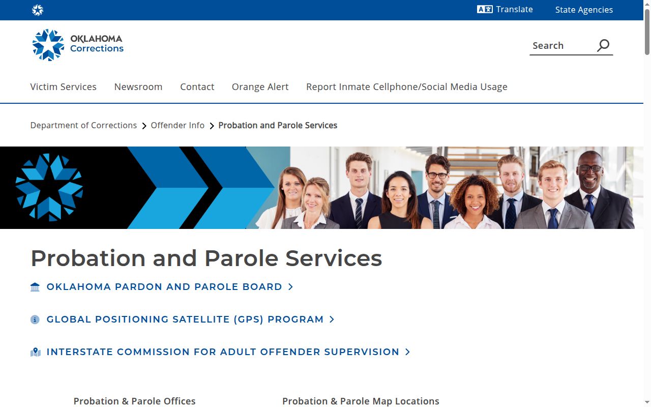 ODOC probation and parole office listing showing the Cordell office serves Kiowa County